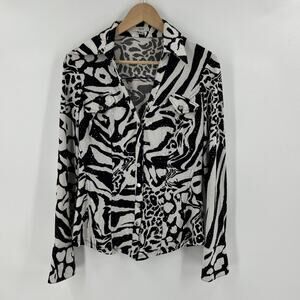 Vintage Y2K Cache Top Womens Size M Black White Zebra Print Snap Sequins
